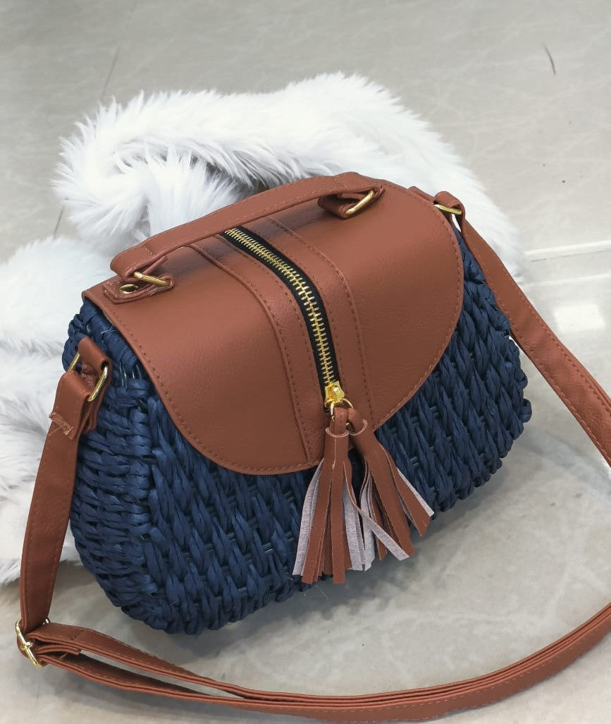 Classy Wardrobe Riviera Straw Sling Bag – Navy Weave with Tan Trim, 8&quot;x6&quot;