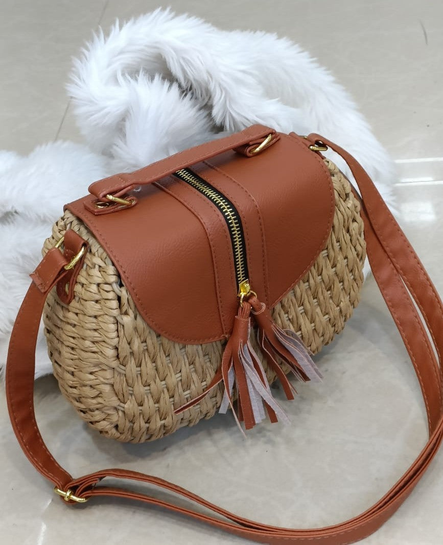 Classy Wardrobe Riviera Straw Sling Bag – Navy Weave with Tan Trim, 8&quot;x6&quot;