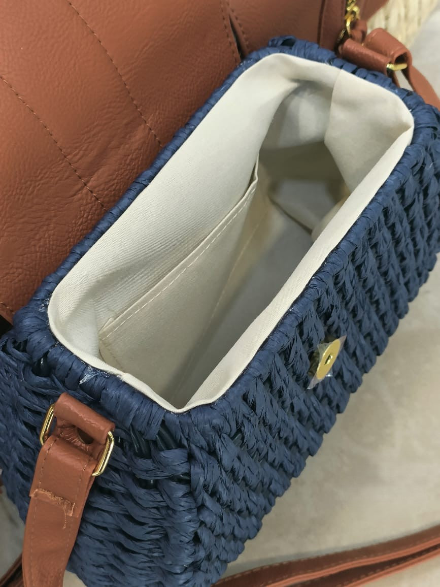 Classy Wardrobe Riviera Straw Sling Bag – Navy Weave with Tan Trim, 8&quot;x6&quot;