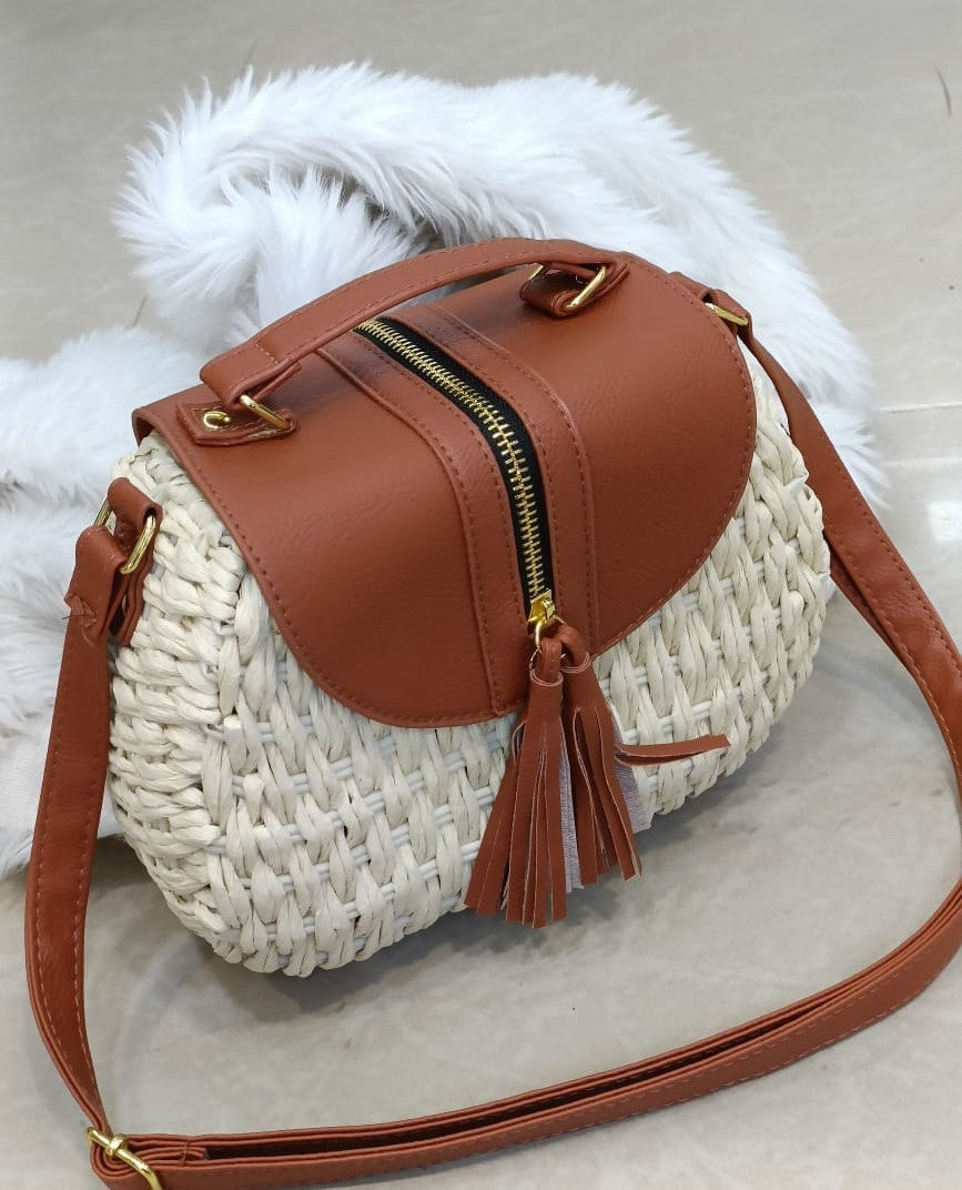 Classy Wardrobe Riviera Straw Sling Bag – Navy Weave with Tan Trim, 8&quot;x6&quot;