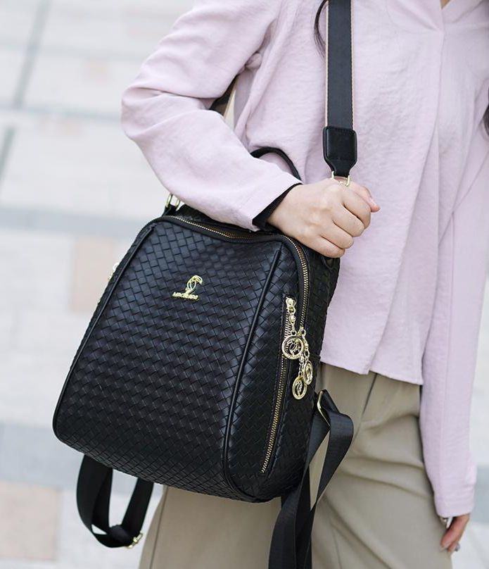 Classy Wardrobe Premium Black PU Leather Backpack – Stylish Woven Design for Office, College &amp; Daily Use (Imported)