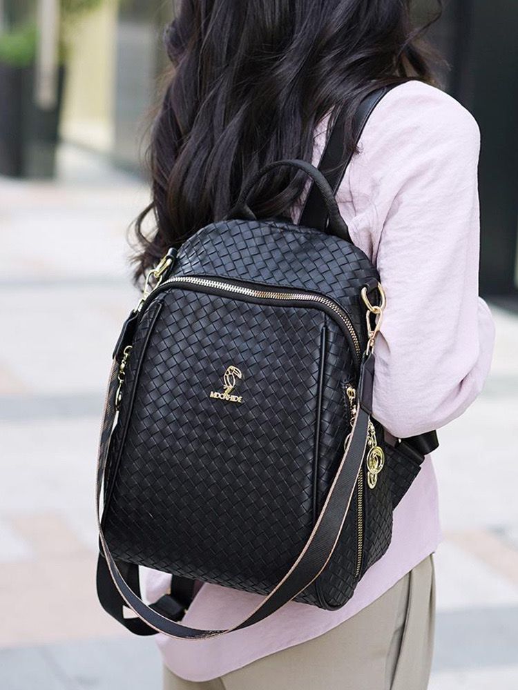 Classy Wardrobe Premium Black PU Leather Backpack – Stylish Woven Design for Office, College &amp; Daily Use (Imported)