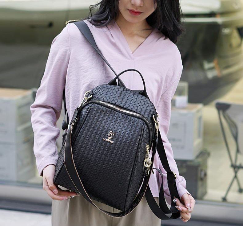 Classy Wardrobe Premium Black PU Leather Backpack – Stylish Woven Design for Office, College &amp; Daily Use (Imported)