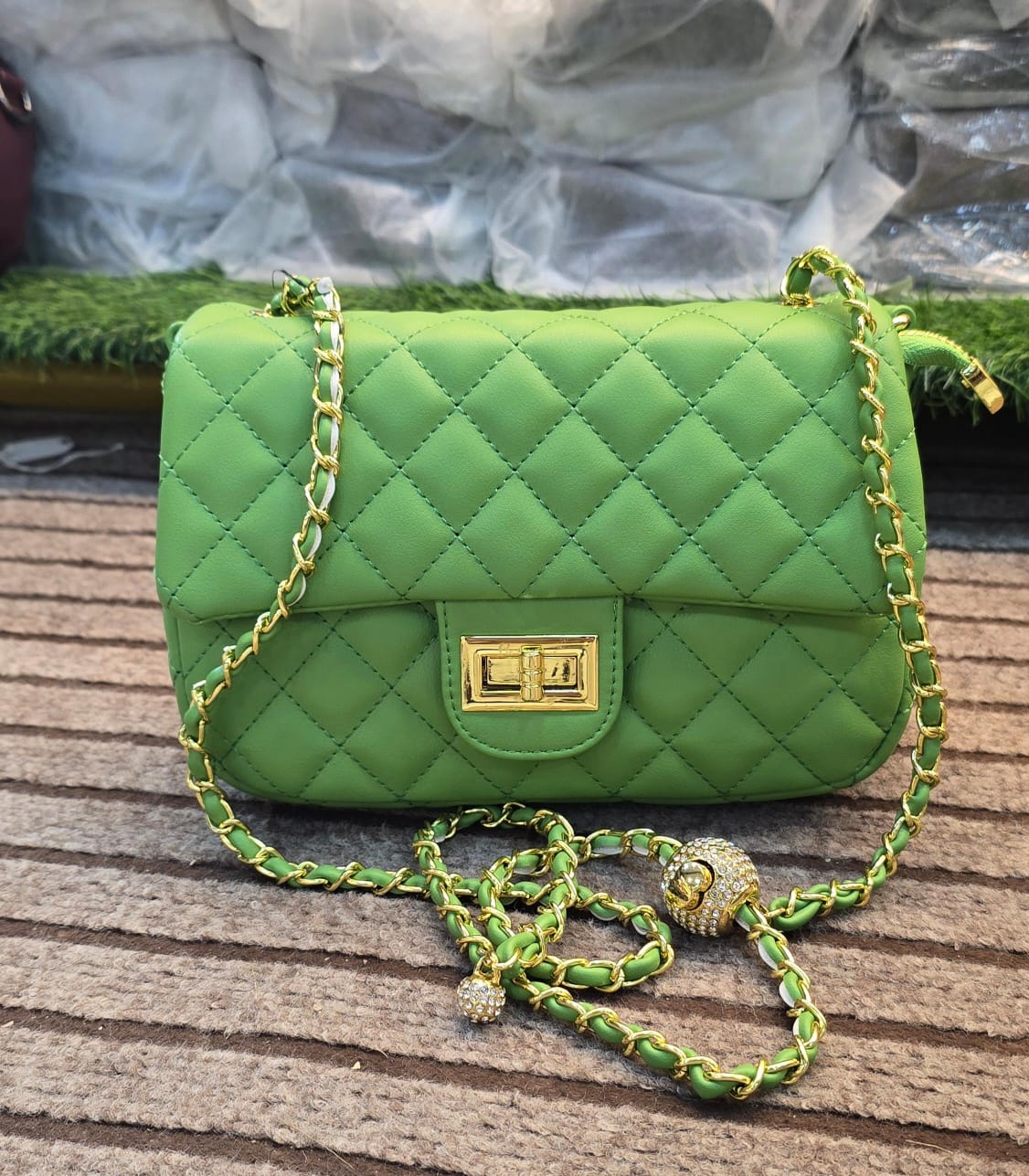Classy Wardrobe Imported Green Fancy Leather Sling Bag – Quilted Design with Gold Chain Strap