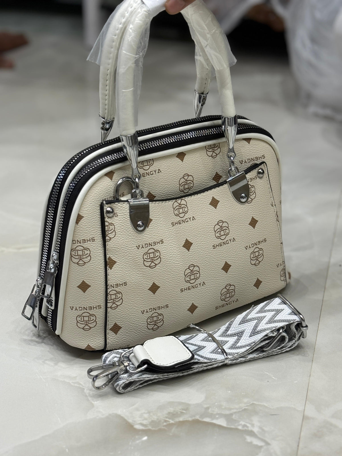 Classy Wardrobe GD Monogram City Sling – Cream Fancy Leather, 9&quot;x7&quot;