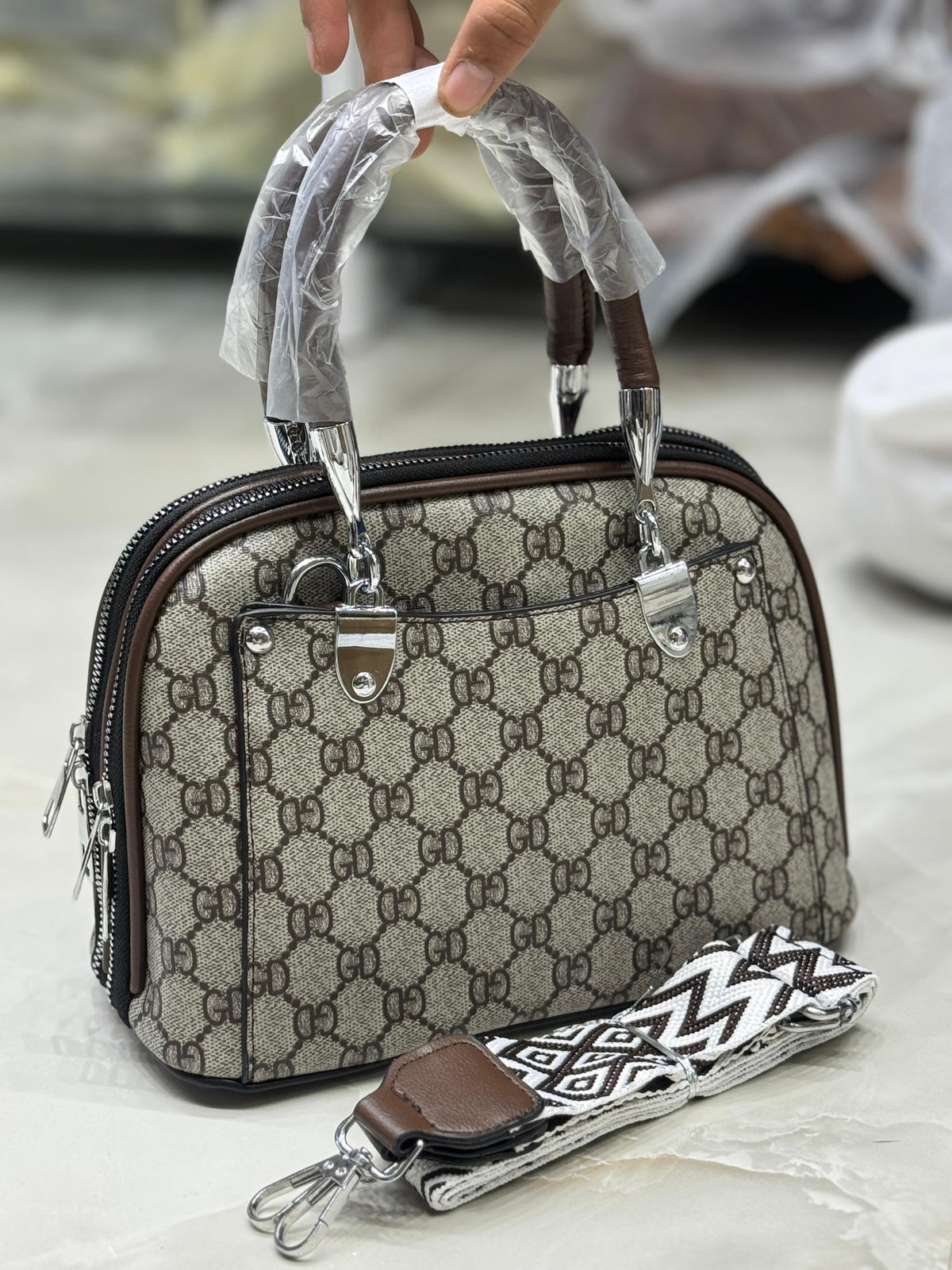 Classy Wardrobe GD Monogram City Sling – Cream Fancy Leather, 9&quot;x7&quot;