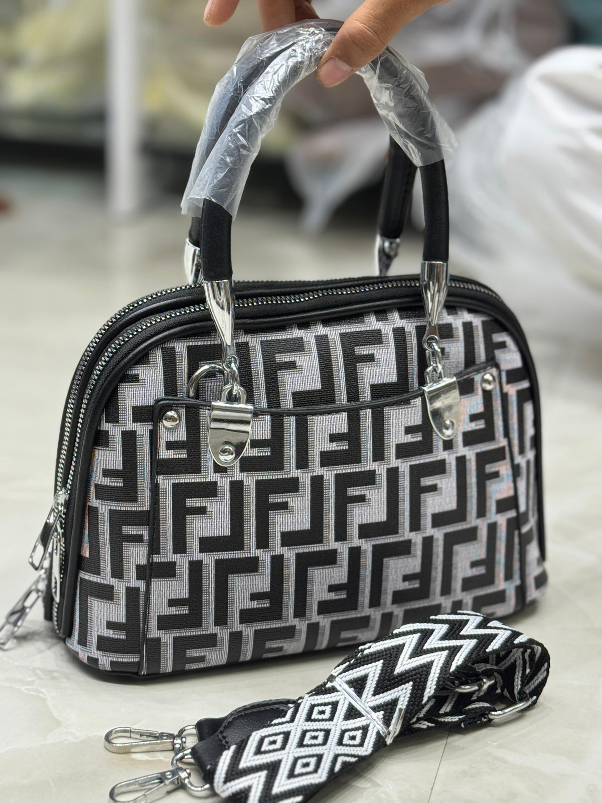 Classy Wardrobe GD Monogram City Sling – Cream Fancy Leather, 9&quot;x7&quot;