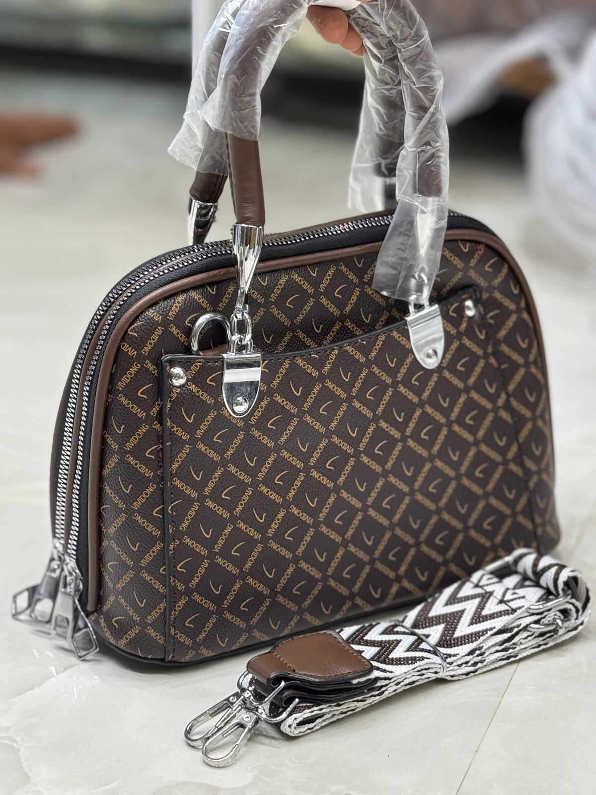 Classy Wardrobe GD Monogram City Sling – Cream Fancy Leather, 9&quot;x7&quot;