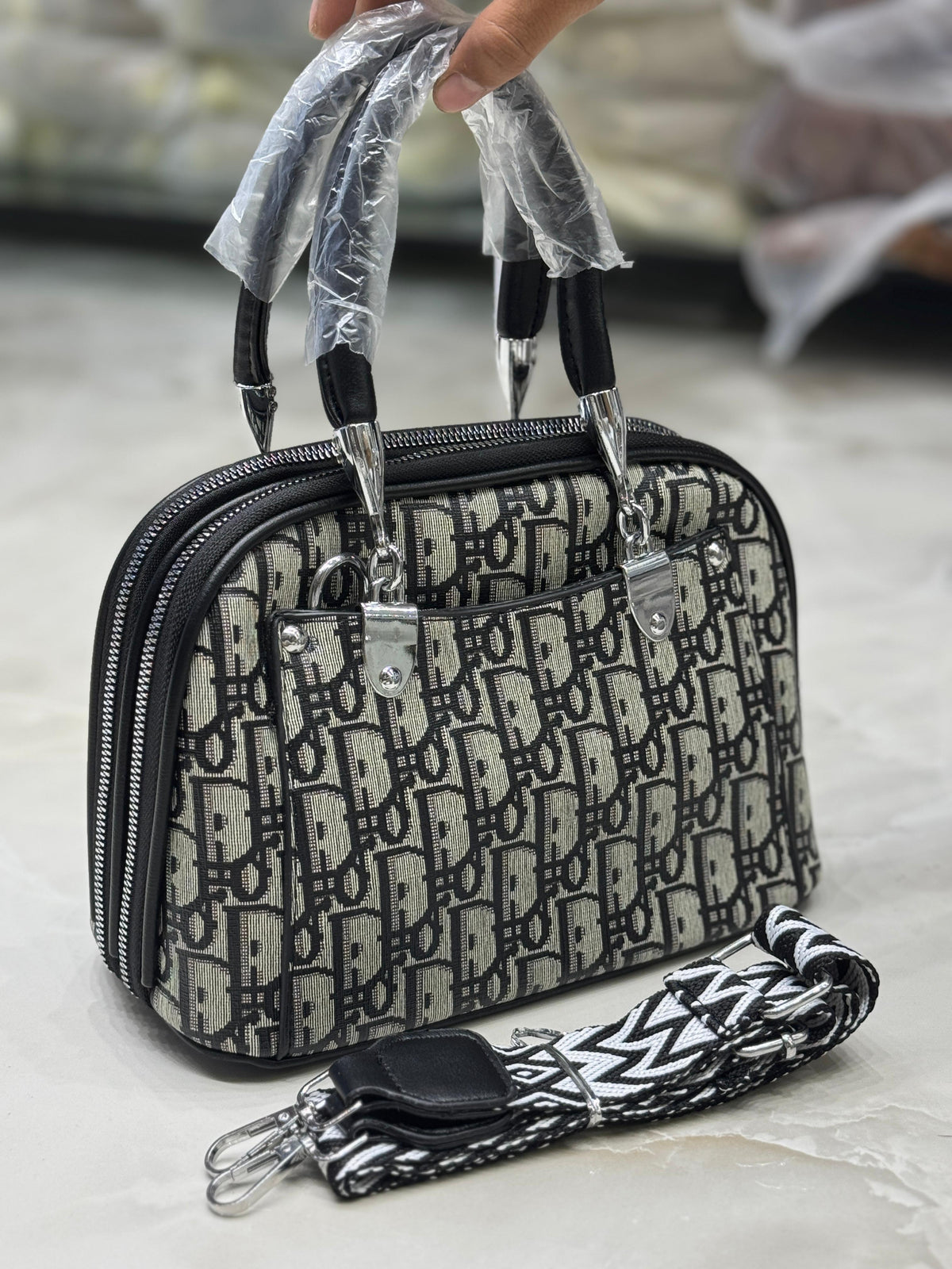 Classy Wardrobe GD Monogram City Sling – Cream Fancy Leather, 9&quot;x7&quot;