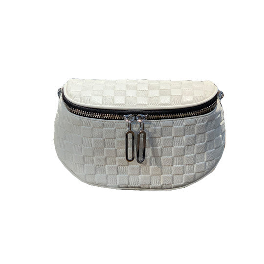 Classy Wardrobe Premium White Checkered PU Leather Sling Bag – Imported, 9&quot; x 6&quot;, Everyday Crossbody with Dual Zippers