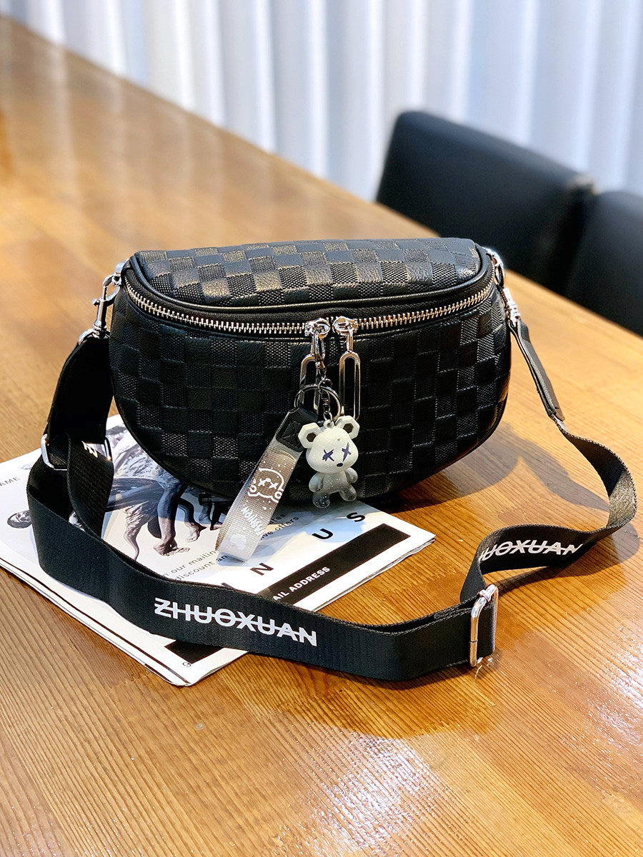 Classy Wardrobe Premium White Checkered PU Leather Sling Bag – Imported, 9" x 6", Everyday Crossbody with Dual Zippers
