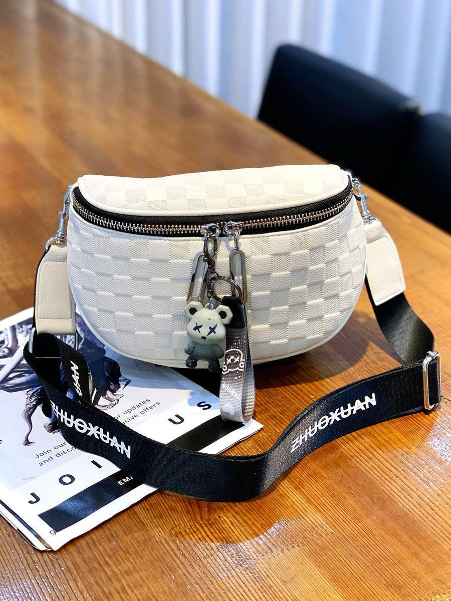 Classy Wardrobe Premium White Checkered PU Leather Sling Bag – Imported, 9&quot; x 6&quot;, Everyday Crossbody with Dual Zippers