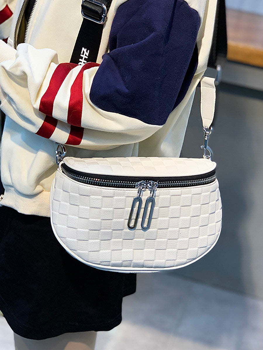 Classy Wardrobe Premium White Checkered PU Leather Sling Bag – Imported, 9&quot; x 6&quot;, Everyday Crossbody with Dual Zippers