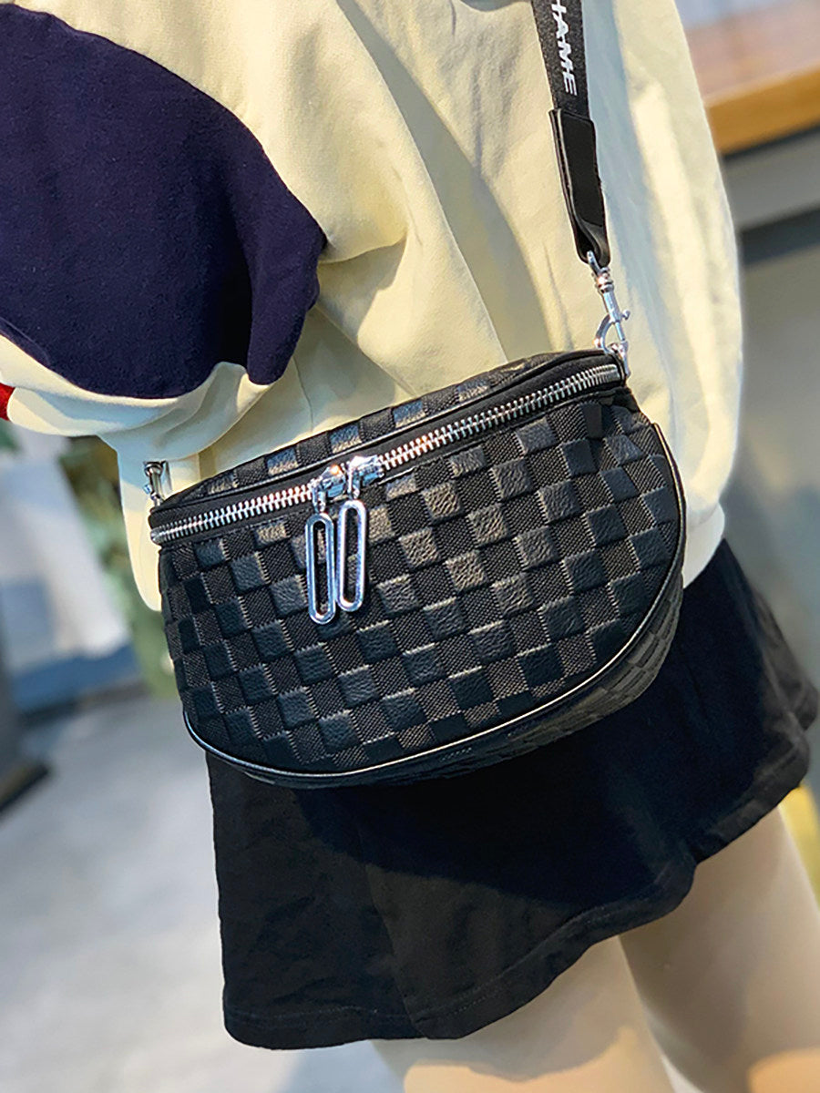 Classy Wardrobe Premium White Checkered PU Leather Sling Bag – Imported, 9&quot; x 6&quot;, Everyday Crossbody with Dual Zippers